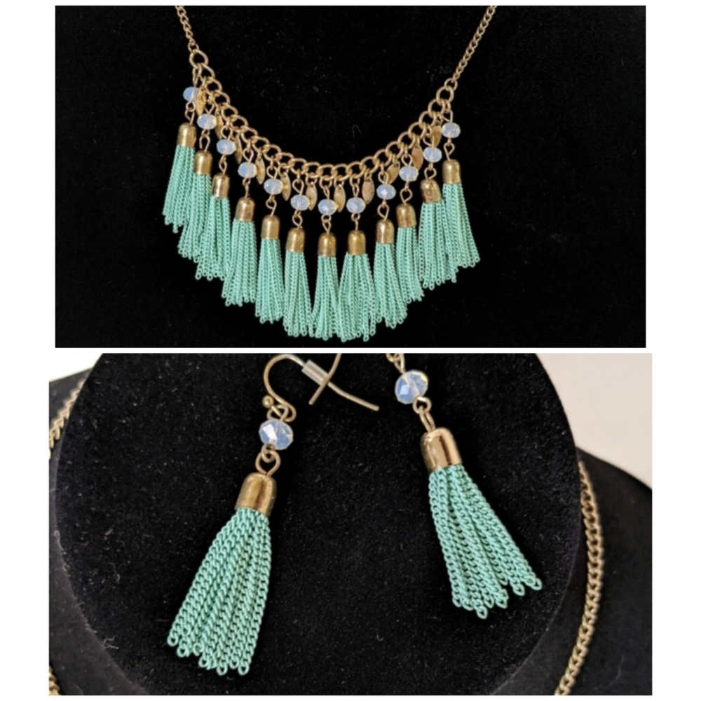 Necklace & Earrings Set Pastel Turquoise Gold-Tone Chain Tassel Charming Charlie